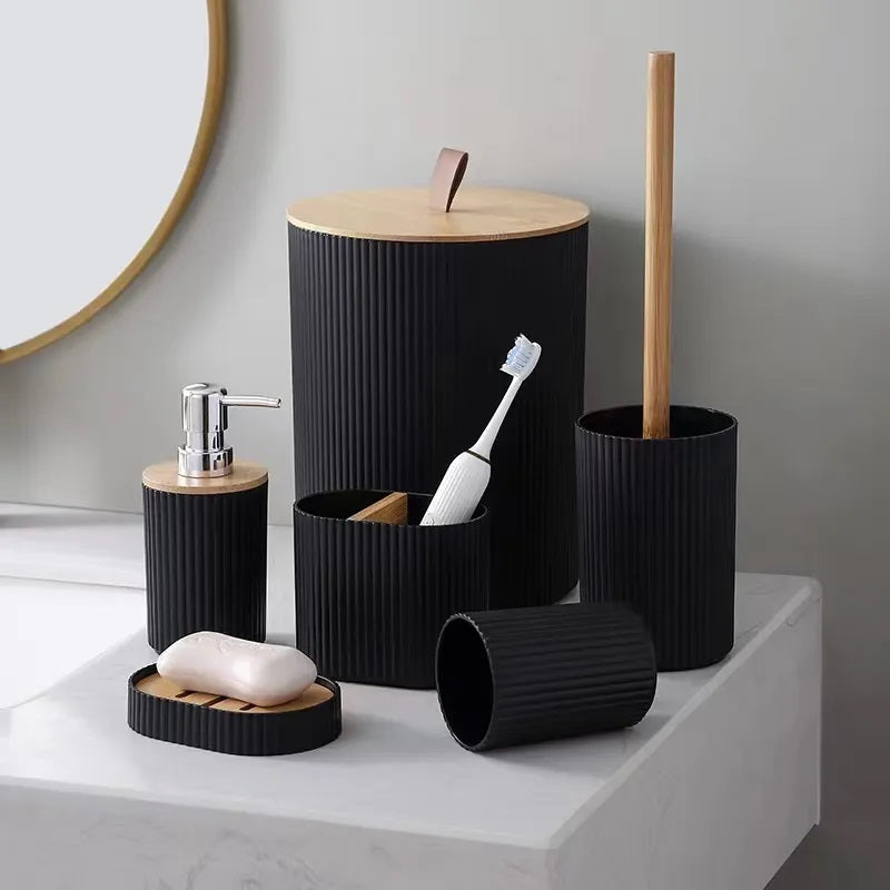 6 PCs Bath Accessory Set-(5340) Black With Wooden Closed Lid