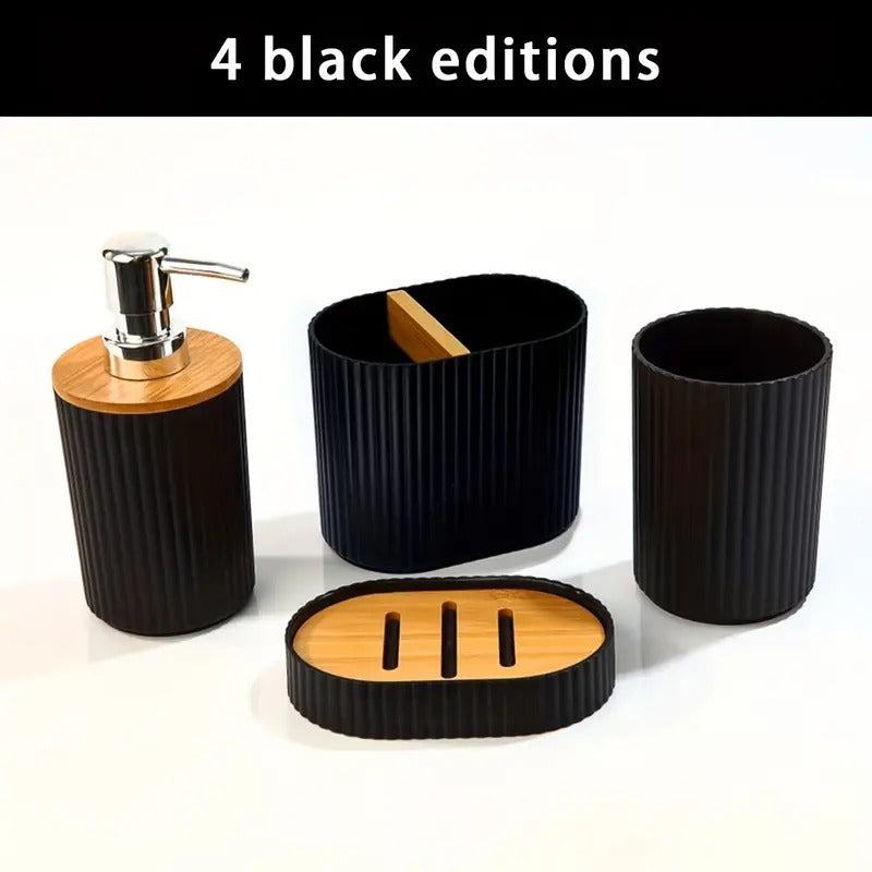 6 PCs Bath Accessory Set-(5340) Black With Wooden Closed Lid